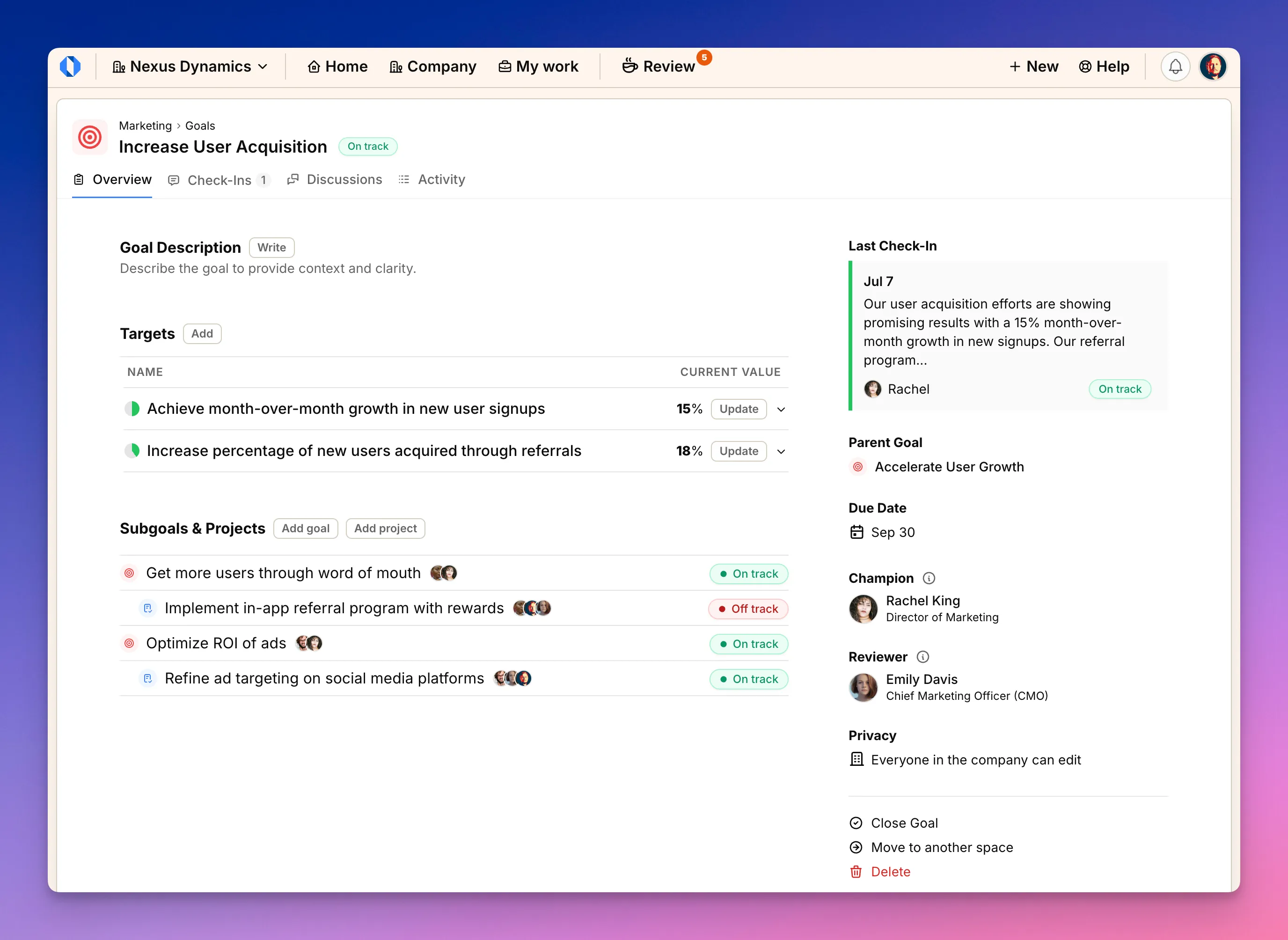 Screenshot: Goal page showing tabs and measures of success