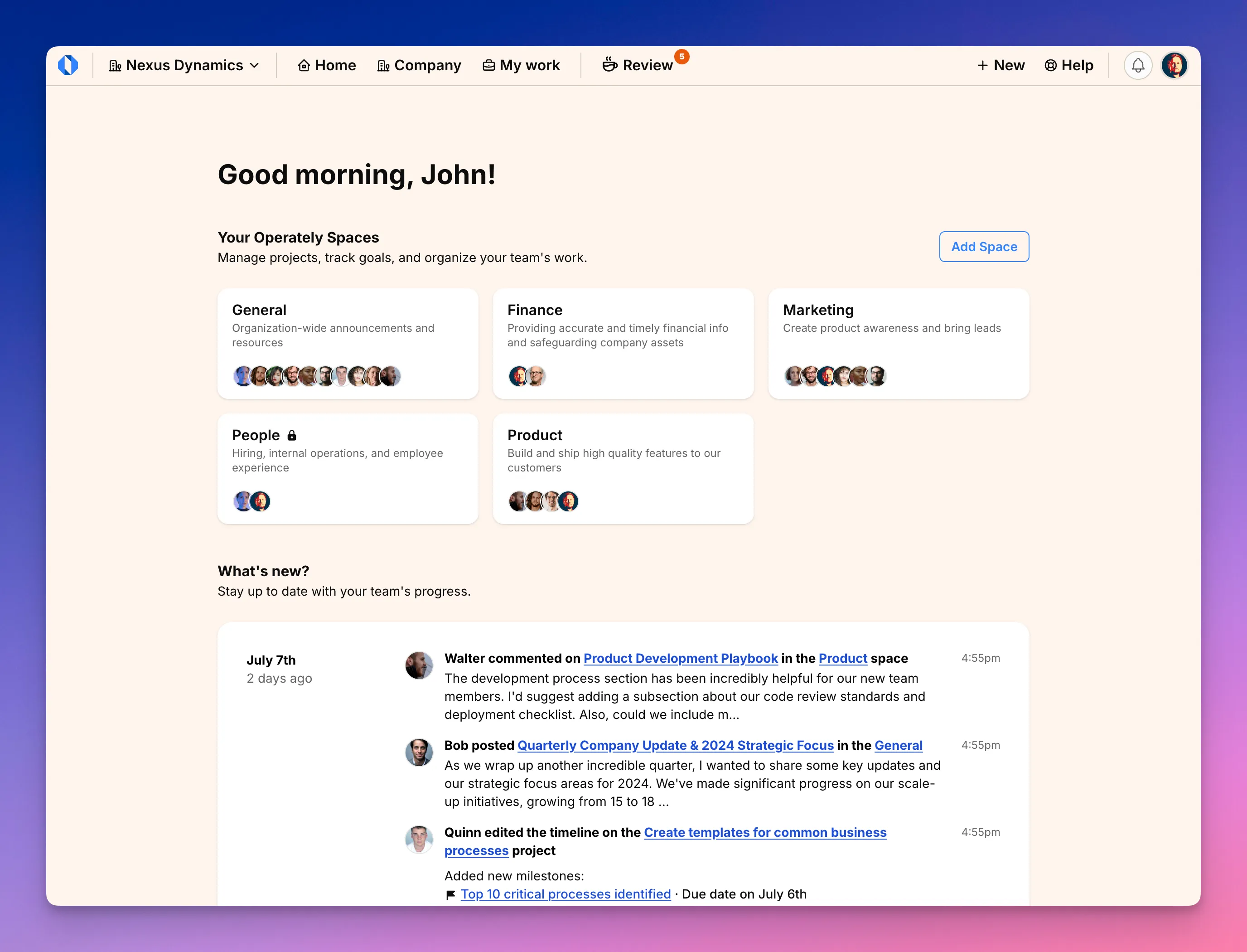 Screenshot: Home screen with spaces grid and activity feed